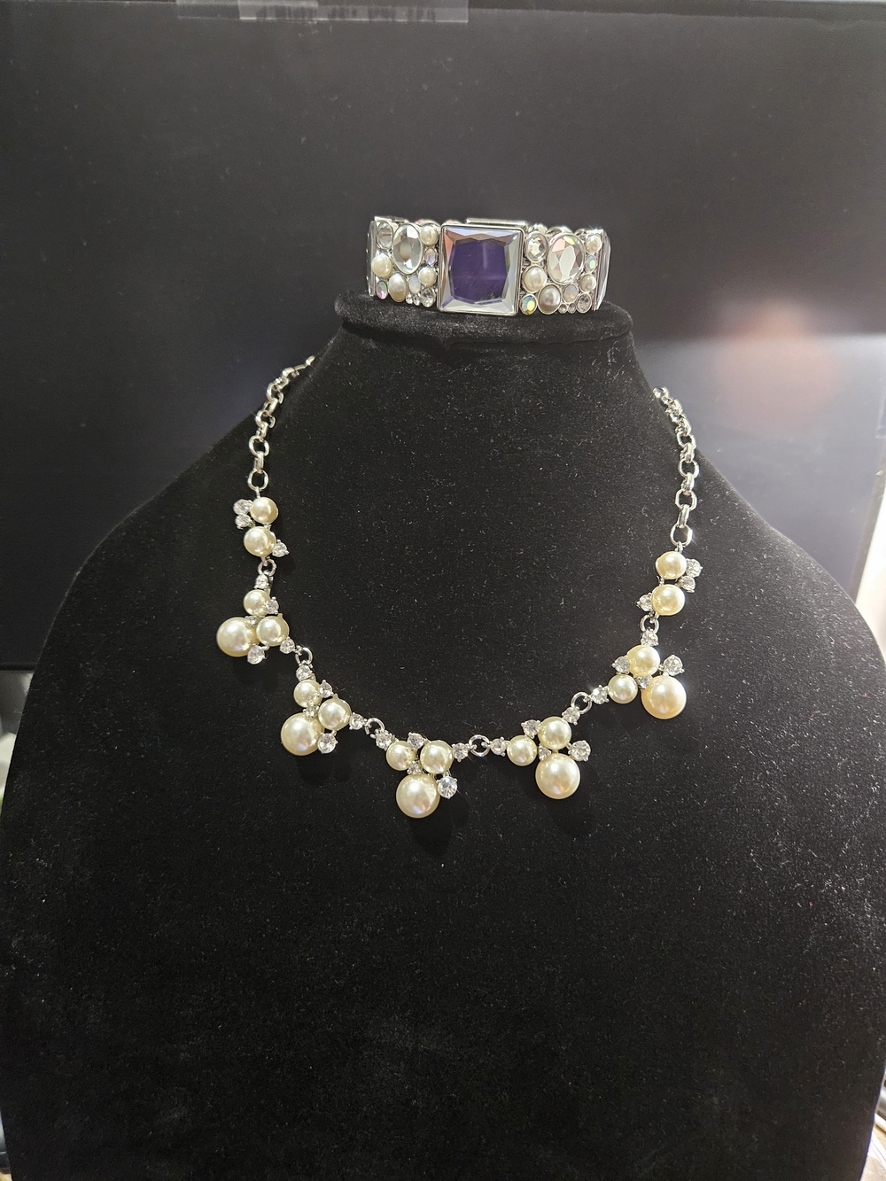 Pearl and Crystal Drop Necklace with Silver Chain